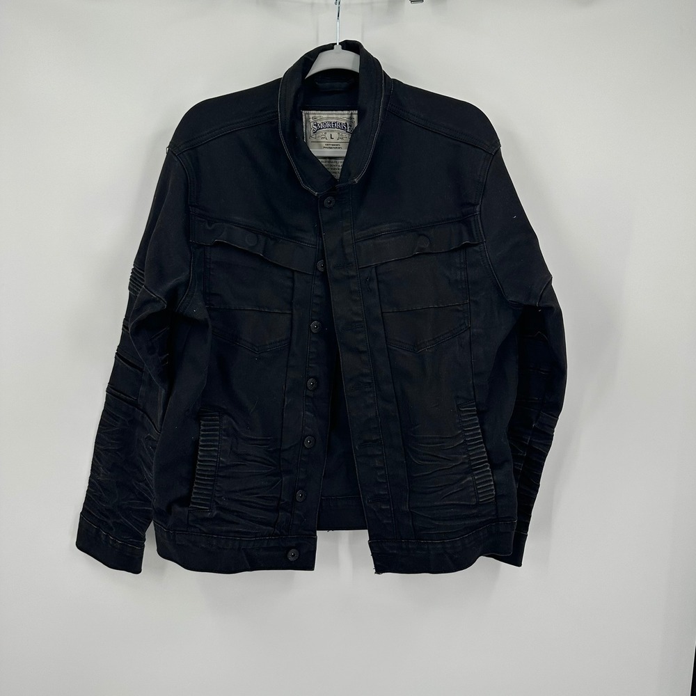 Smoke Rise Mens Black Moto Denim Trucker Jacket Size L Ribbed Biker Urban Edgy